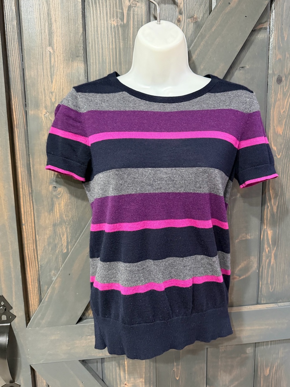 Ann Taylor LOFT Striped Short-Sleeve Knit Top in Navy, Purple & Gray XS Wool